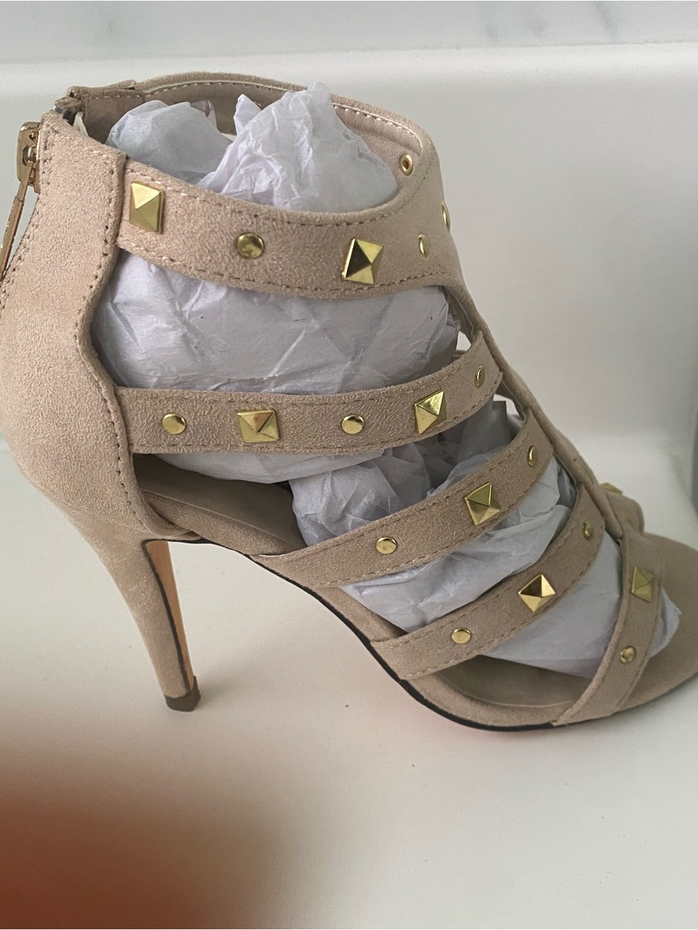 Studded Suede Strappy High Heel Sandal in Beige